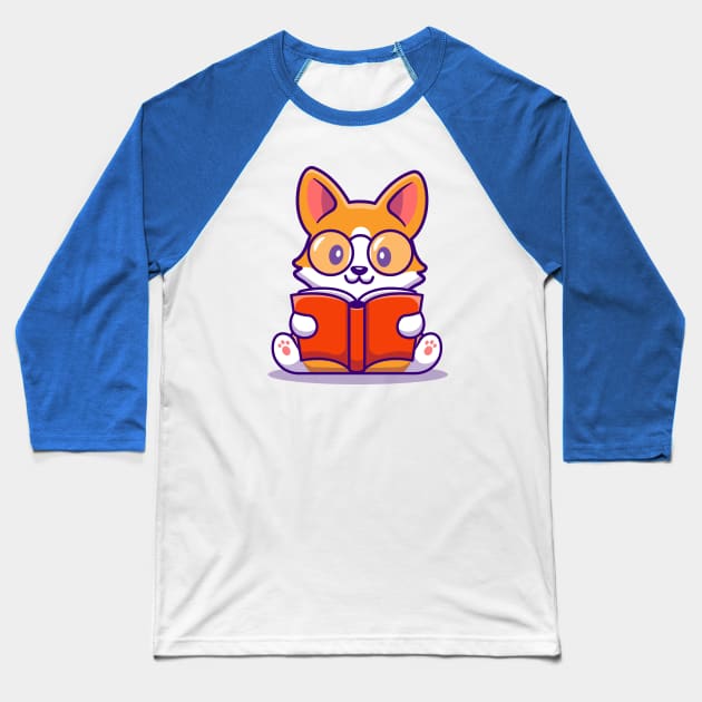 Cute Corgi Dog Reading Book Baseball T-Shirt by Catalyst Labs